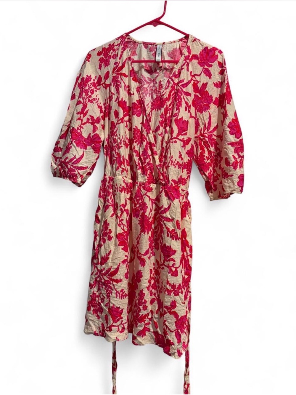 Floral Tie-Waist Mini Dress - Pink on Cream
